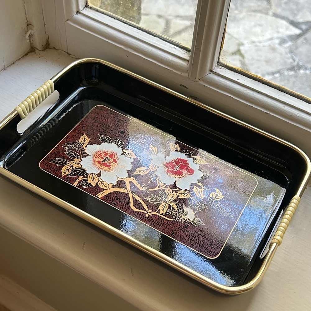 VINTAGE Japanese Lacquer Ozen Tea Serving Tray peonies gold trim